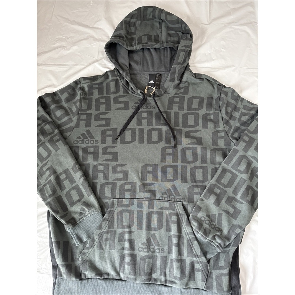 Adidas Hoodie Mens Medium Pull Over All Over Logo Spellout Sweatshirt Sweater - Picture 1 of 10